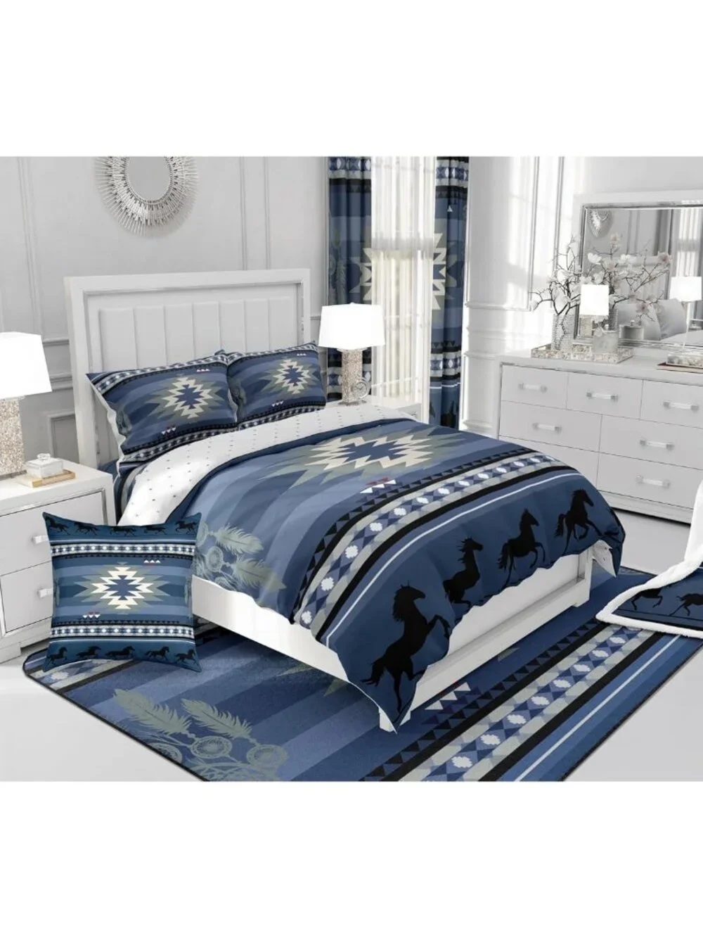 Blue Rustic Western Comforter Set with Sheets Southwestern Aztec 7 Piece Bedding